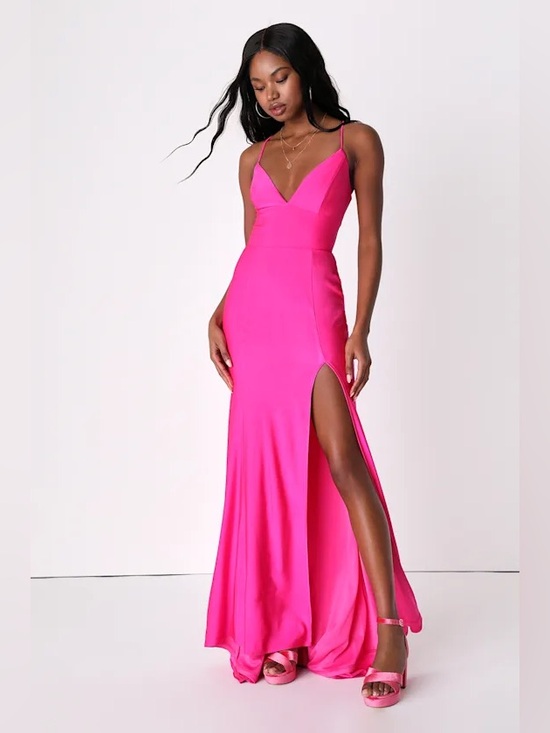 Lulus Dresses & Skirts - Divine Desires Hot Pink Satin Lace-Up Mermaid Maxi Dress | Size Small | NWT